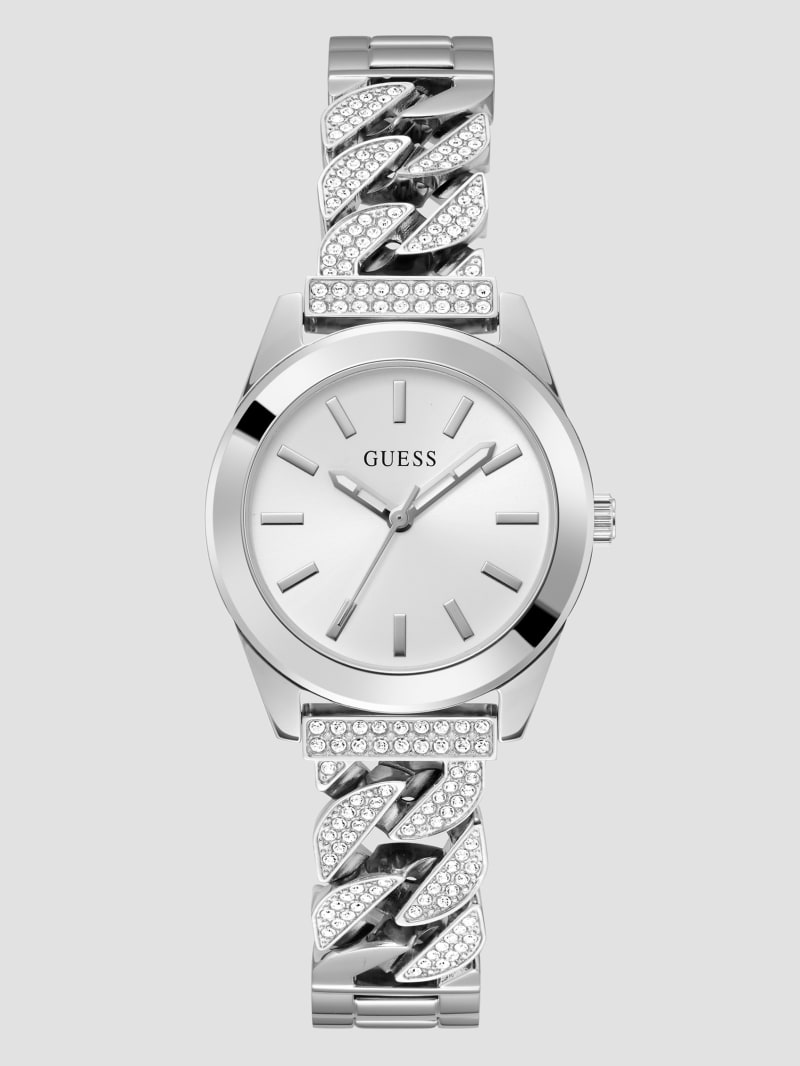 Guess Silver-Tone Crystal Curb Chain Analog Watch - Silver Guess Silver-Tone Crystal Curb Chain Analog Watch - Silver