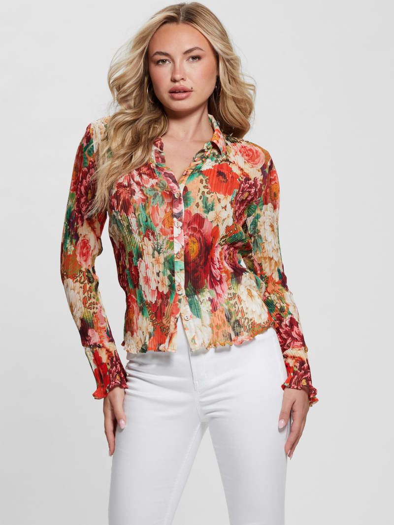 Guess Eco Vivenne Plisse Button-Up Top - Peony Animal Print Guess Eco Vivenne Plisse Button-Up Top - Peony Animal Print