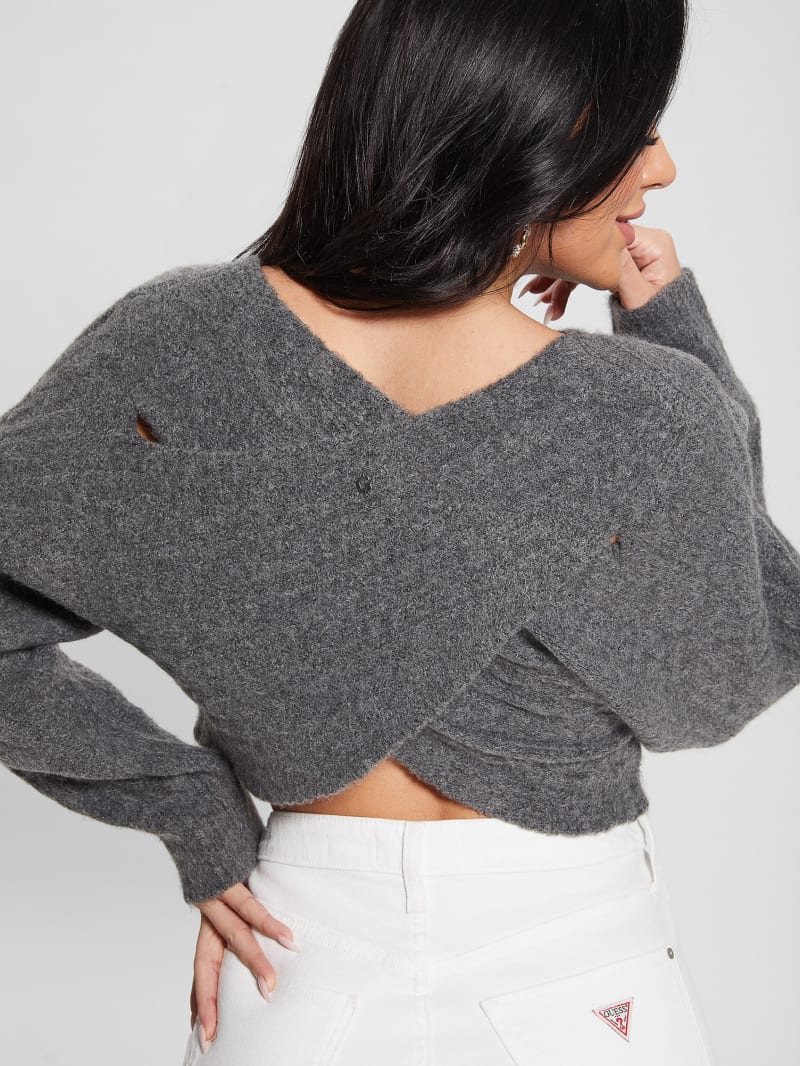 Guess Taira Cable-Knit Cropped Sweater - Dark Coal Heather Guess Taira Cable-Knit Cropped Sweater - Dark Coal Heather