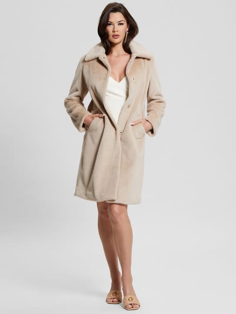 Guess Simmone Faux-Fur Coat - Foamy Taupe Multi Guess Simmone Faux-Fur Coat - Foamy Taupe Multi