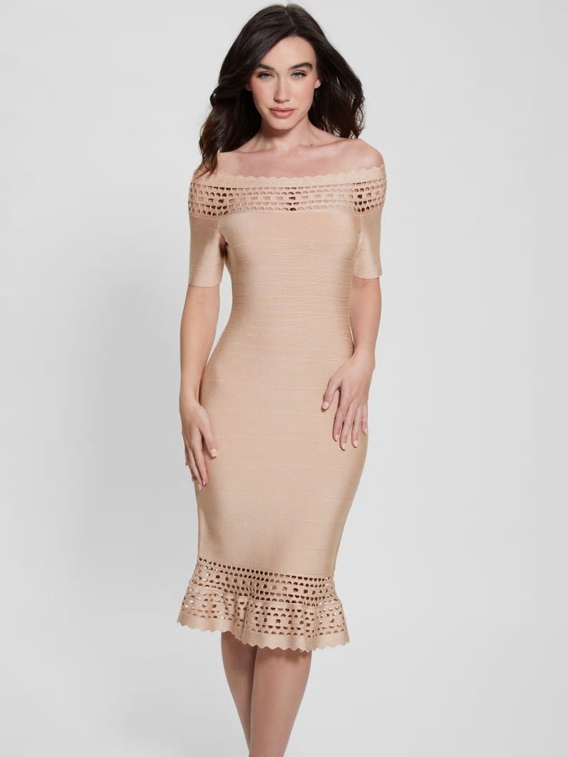 Guess Gabriela Off-the-Shoulder Bandage Dress - Foamy Taupe Multi Guess Gabriela Off-the-Shoulder Bandage Dress - Foamy Taupe Multi