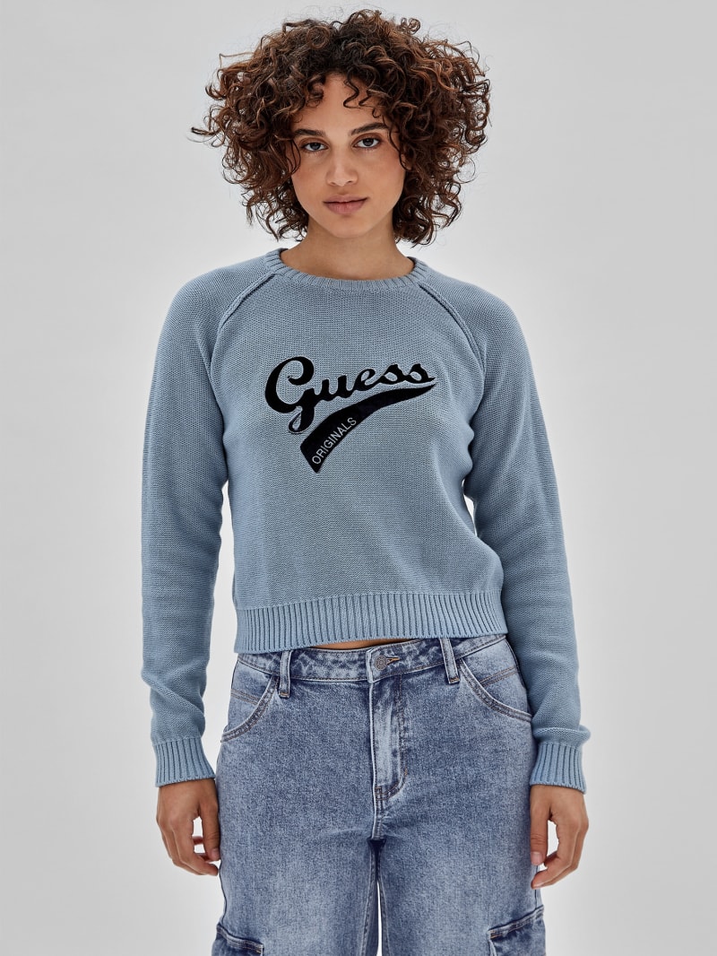 Guess GUESS Originals Eco Logo Sweater - Blue Cotton Guess GUESS Originals Eco Logo Sweater - Blue Cotton