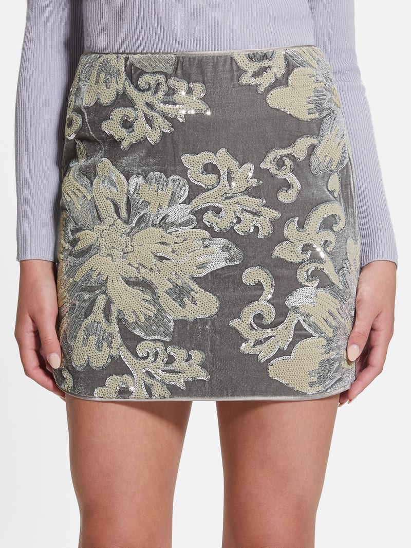 Guess Ernesta Embellished Velvet Skirt - Flower Sequins Embro Silv Guess Ernesta Embellished Velvet Skirt - Flower Sequins Embro Silv