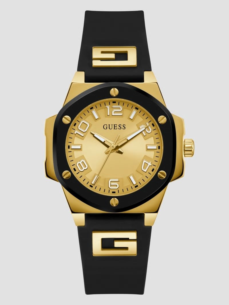 Guess Gold-Tone and Black Silicone Analog Watch - Black Snakeskin Guess Gold-Tone and Black Silicone Analog Watch - Black Snakeskin