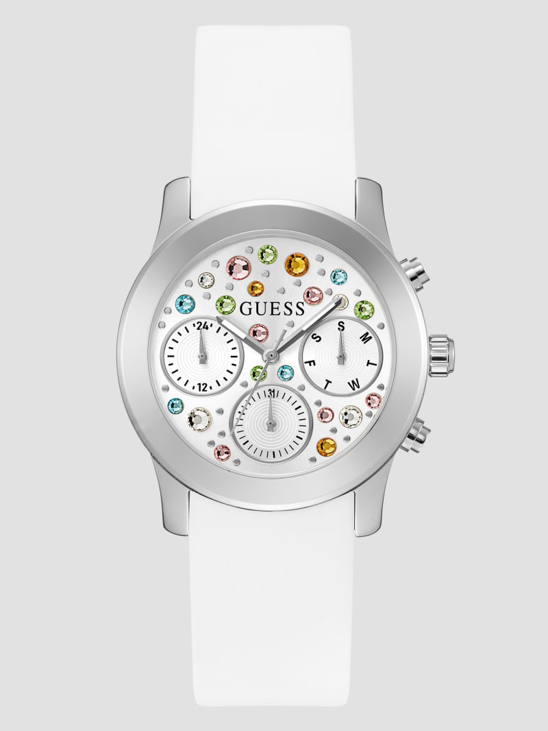 Guess Silver-Tone and White Colored Crystal Multifunction Watch - White Multi Guess Silver-Tone and White Colored Crystal Multifunction Watch - White Multi