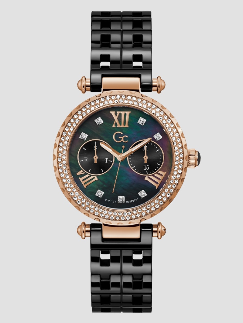 Guess Black Mother-of-Pearl and Ceramic Analog Watch - Rose Gold Guess Black Mother-of-Pearl and Ceramic Analog Watch - Rose Gold