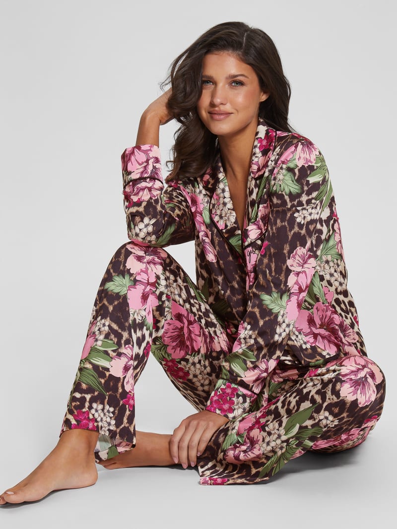 Guess Eco Dulcie Shirt and Pants PJ Set - Allover Flowers Leopard Guess Eco Dulcie Shirt and Pants PJ Set - Allover Flowers Leopard