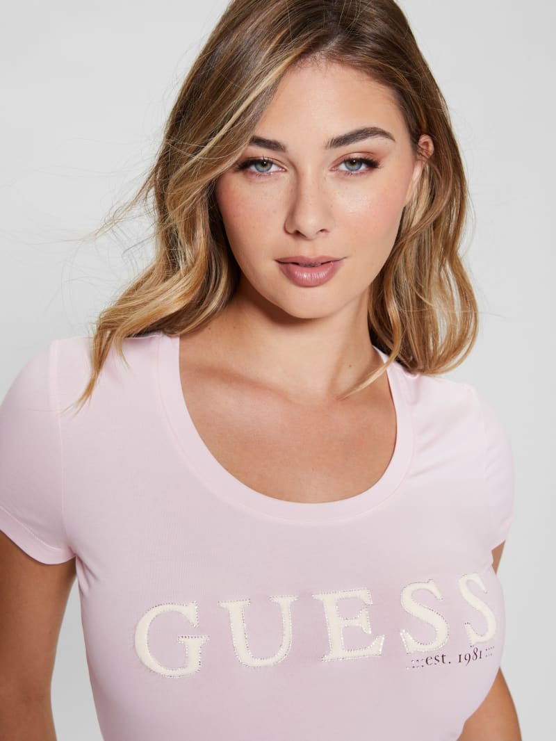 Guess Eco Rhinestone Logo Tee - Low Key Pink Guess Eco Rhinestone Logo Tee - Low Key Pink