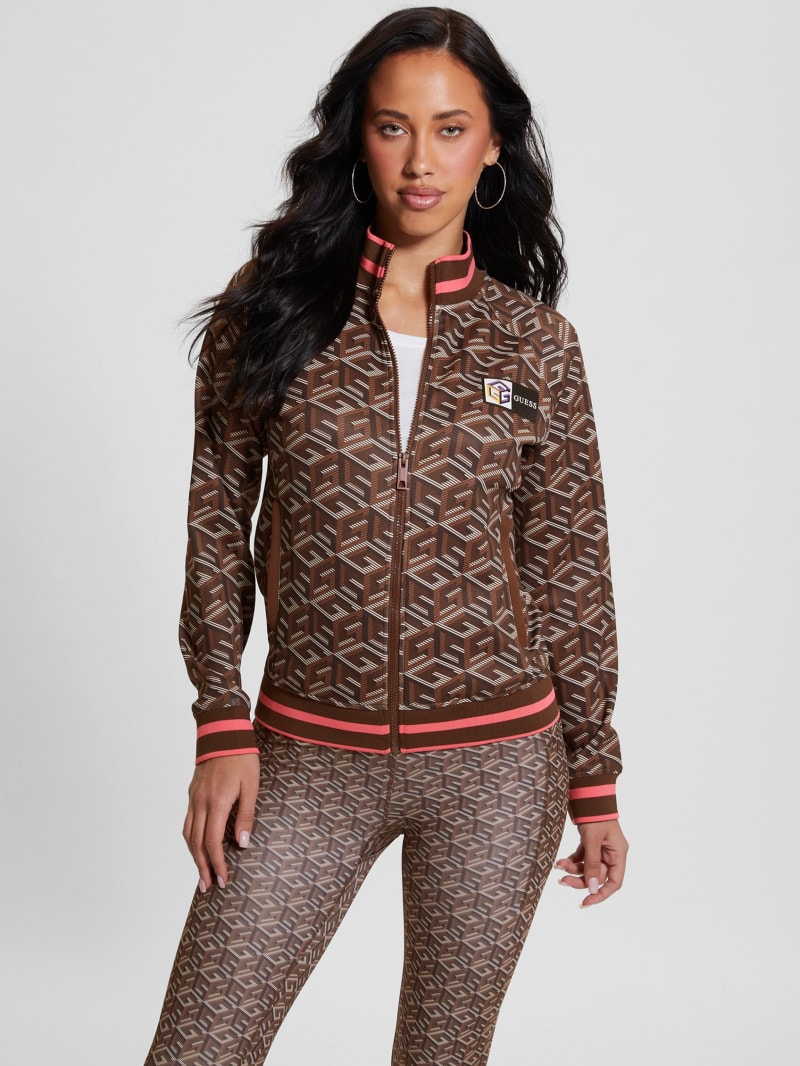 Guess Eco G-Cube Active Zip Sweatshirt - Stripe G-cube Brown Guess Eco G-Cube Active Zip Sweatshirt - Stripe G-cube Brown