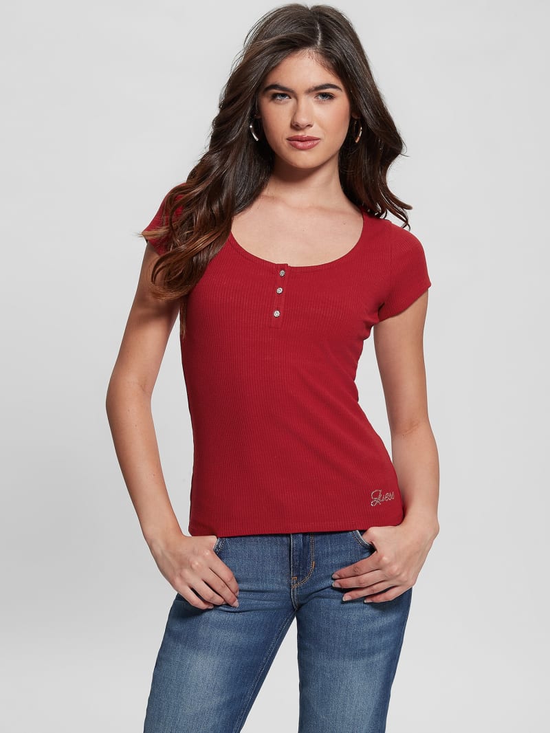 Guess Eco Karlee Henley Tee - Chili Red Guess Eco Karlee Henley Tee - Chili Red