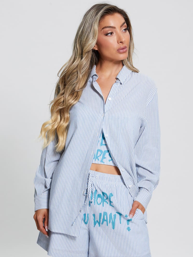Guess Oversized Striped Slogan Shirt - All I Do Is Chambray Mult Guess Oversized Striped Slogan Shirt - All I Do Is Chambray Mult