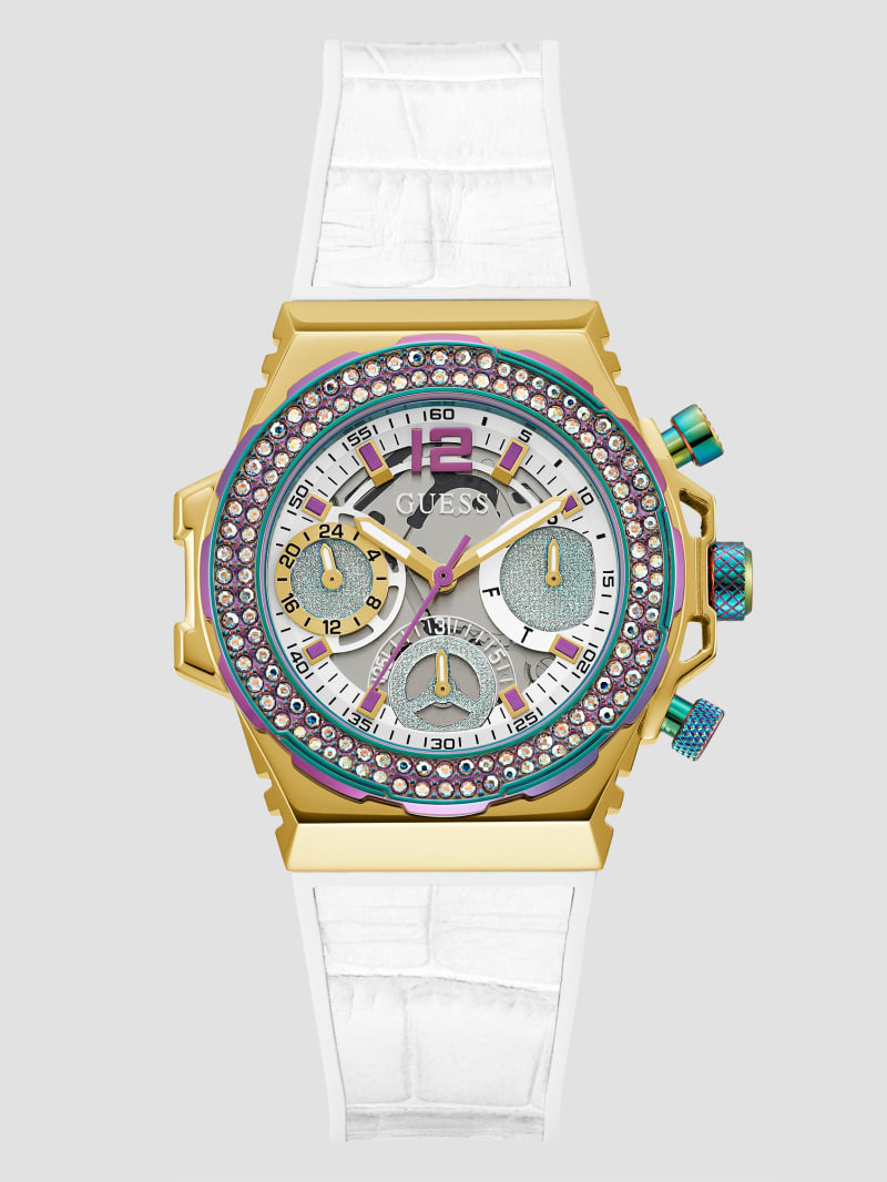 Guess Gold-Tone and White Crocodile Leather Multifunction Watch - White Multi Guess Gold-Tone and White Crocodile Leather Multifunction Watch - White Multi