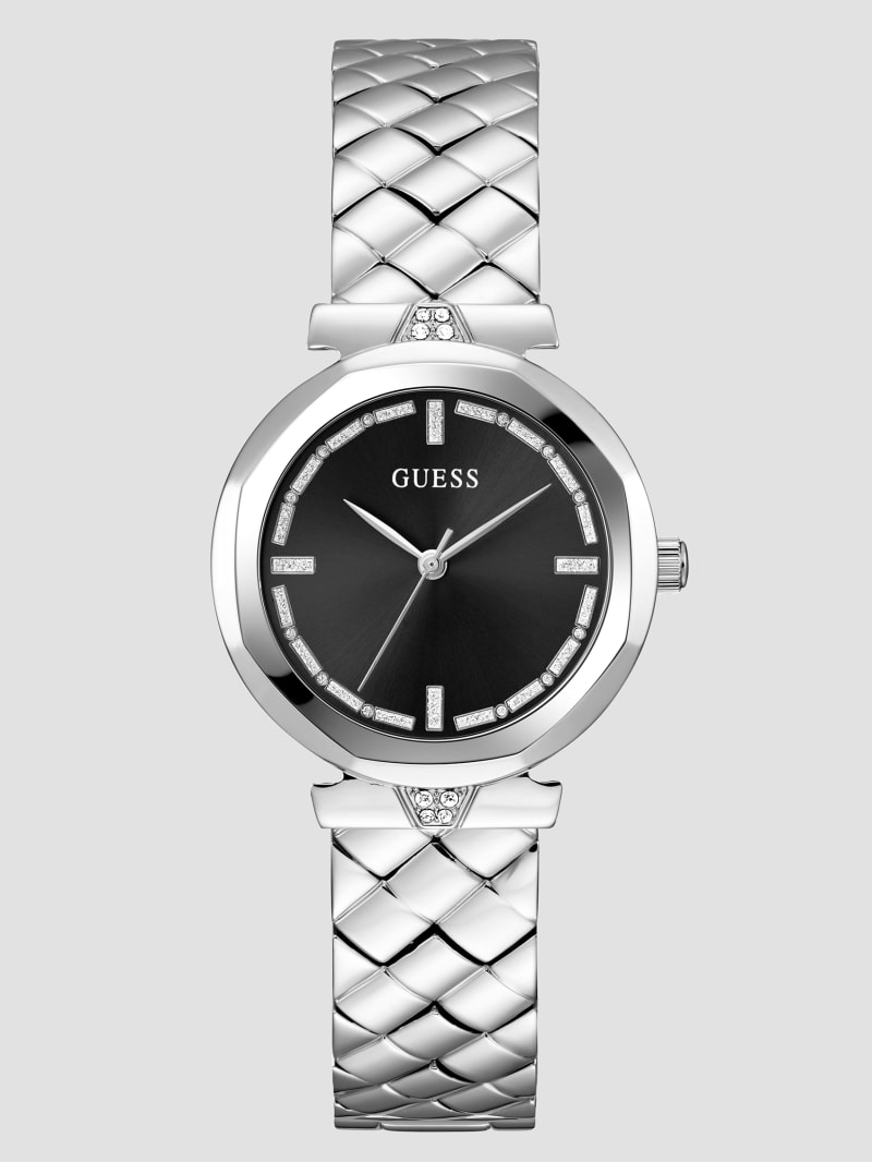 Guess Silver-Tone and Black Glitter Analog Watch - Silver Guess Silver-Tone and Black Glitter Analog Watch - Silver