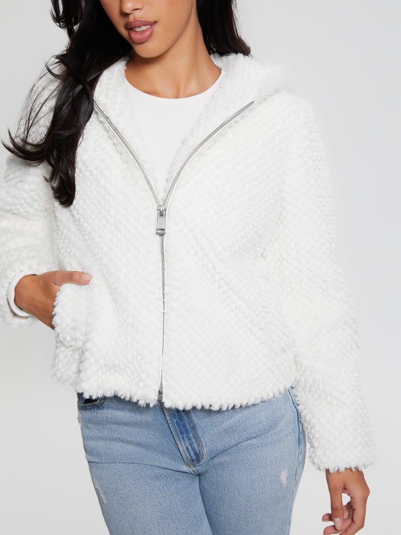 Guess Theoline Faux-Fur Hooded Jacket - Cream White Guess Theoline Faux-Fur Hooded Jacket - Cream White
