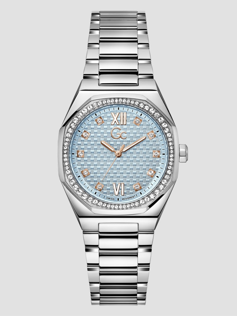 Guess Gc Silver-Tone and Light Blue Crystal Analog Dial - Silver Guess Gc Silver-Tone and Light Blue Crystal Analog Dial - Silver