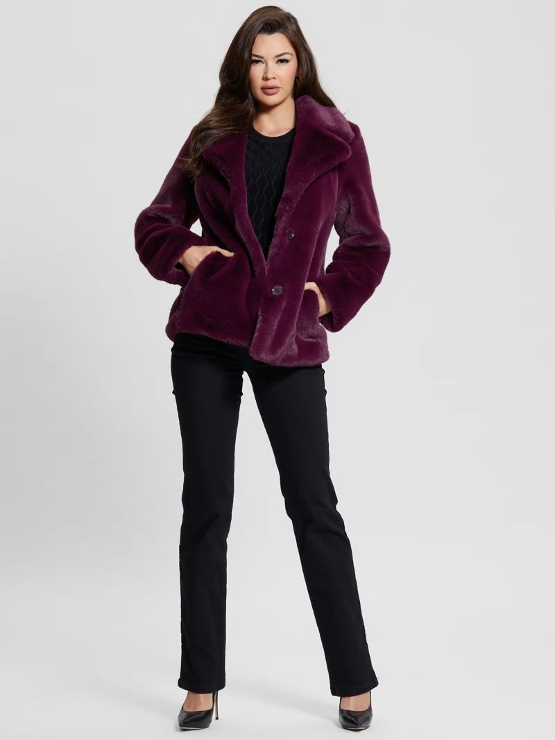 Guess Corinne Faux-Fur Coat - Black Cherry Guess Corinne Faux-Fur Coat - Black Cherry