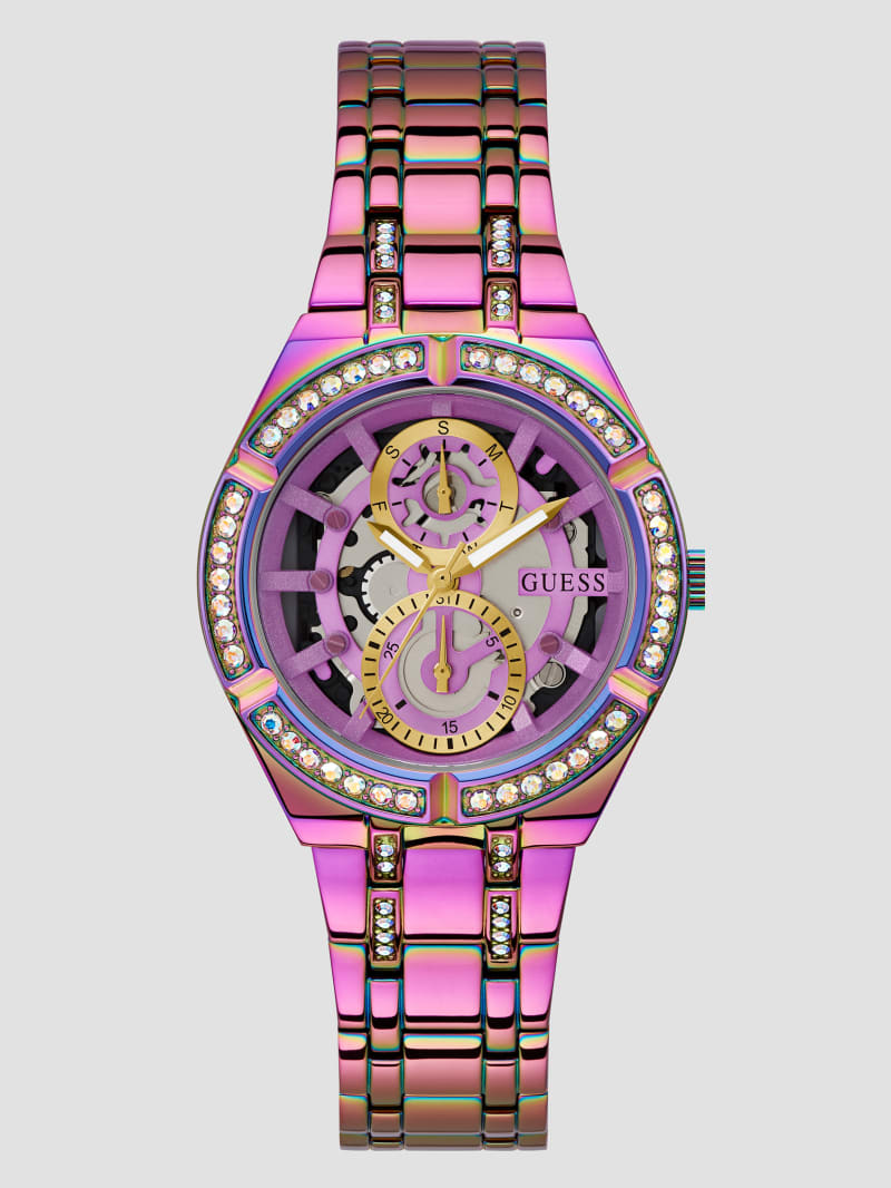Guess Iridescent Rhinestone Cut-Through Multifunction Watch - Multi Guess Iridescent Rhinestone Cut-Through Multifunction Watch - Multi