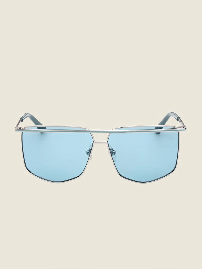 Guess Metal Brow Bar Geometric Sunglasses - Shiny Silver/Blue Guess Metal Brow Bar Geometric Sunglasses - Shiny Silver/Blue