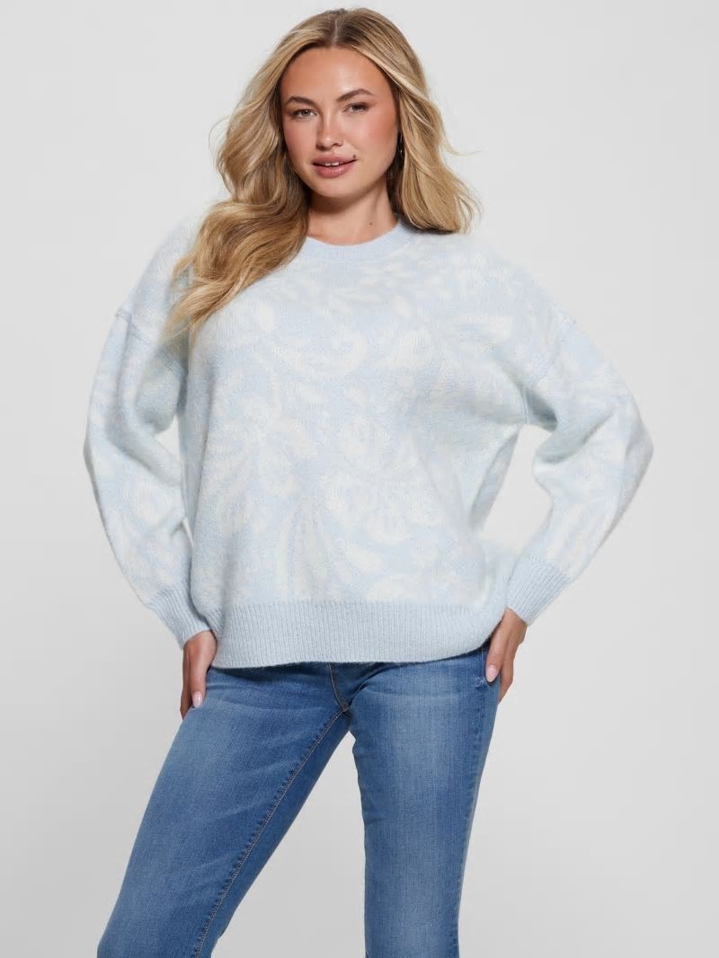 Guess Hibiscus Wool-Blend Sweater - Folk Floral Print Sky Hig Guess Hibiscus Wool-Blend Sweater - Folk Floral Print Sky Hig