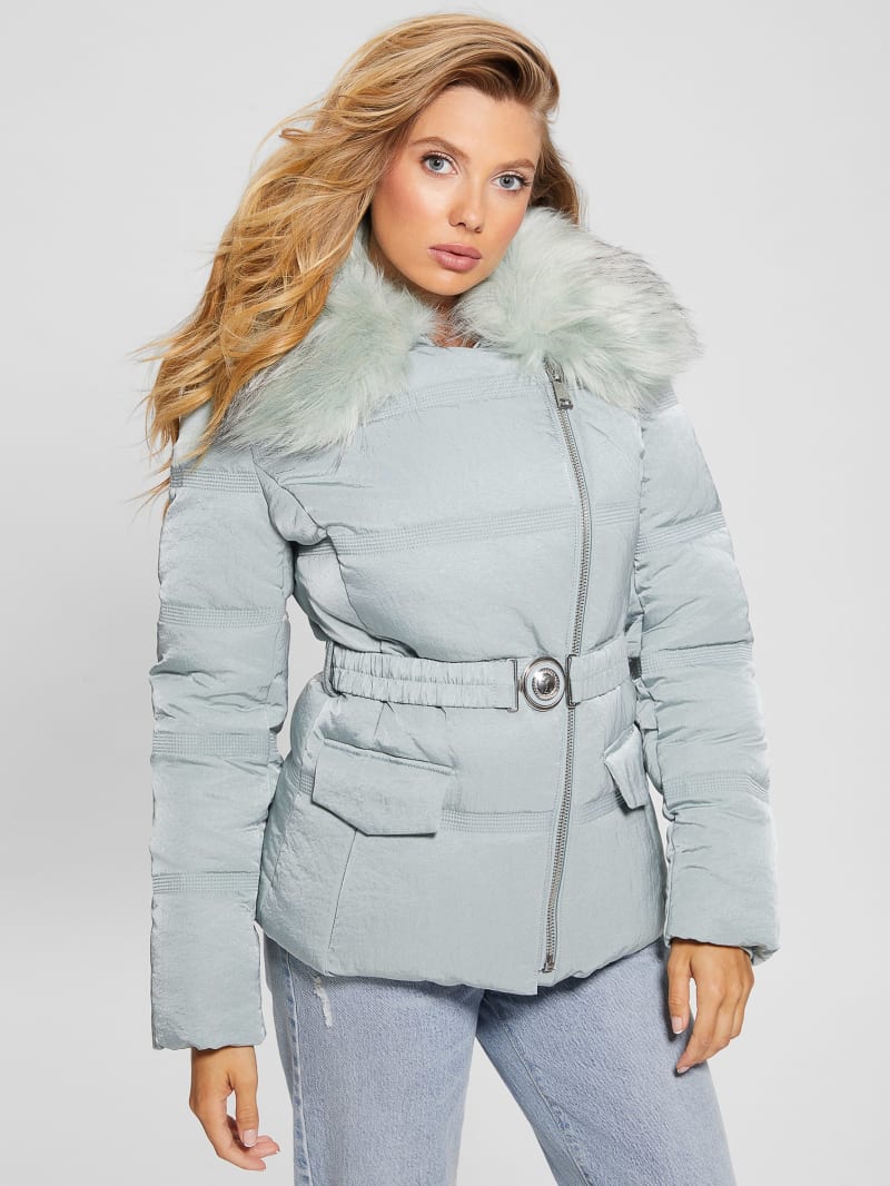 Guess Eco Marisol Belted Puffer Jacket - Full Grey Multi Guess Eco Marisol Belted Puffer Jacket - Full Grey Multi