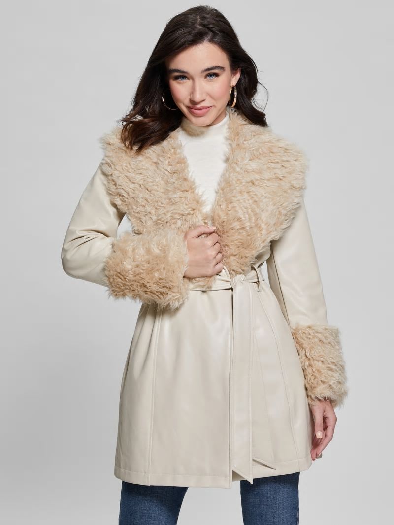 Guess Aurora Faux-Leather Coat - Pearl Oyster Multi Guess Aurora Faux-Leather Coat - Pearl Oyster Multi