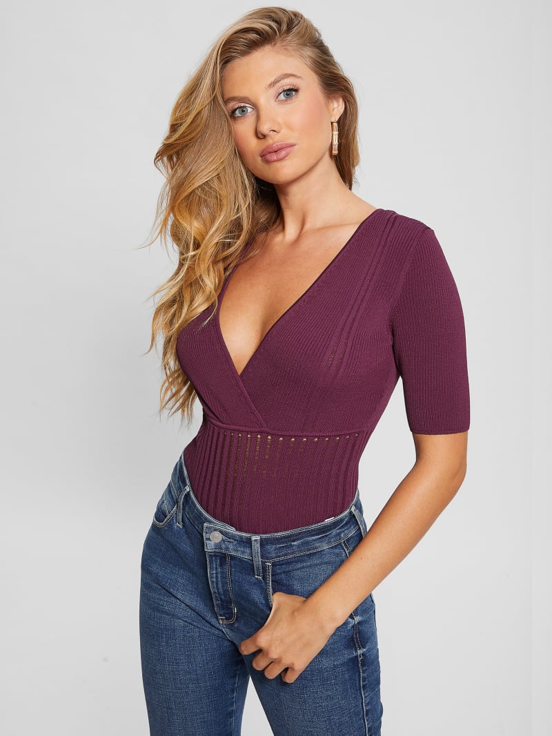 Guess Soft Bandage V-Neck Top - Black Cherry Guess Soft Bandage V-Neck Top - Black Cherry