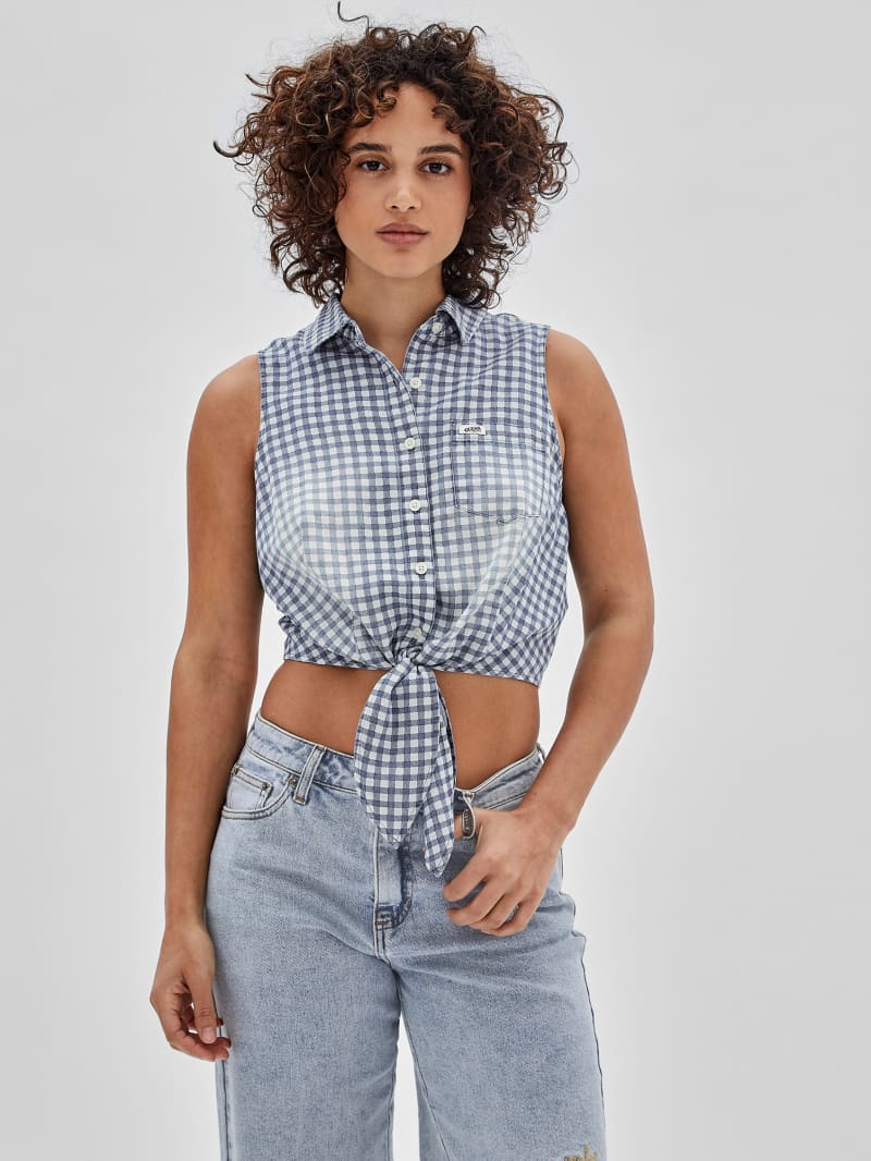 Guess GUESS Originals Gingham Tie-Front Top - Night Sky Blue Multi Guess GUESS Originals Gingham Tie-Front Top - Night Sky Blue Multi
