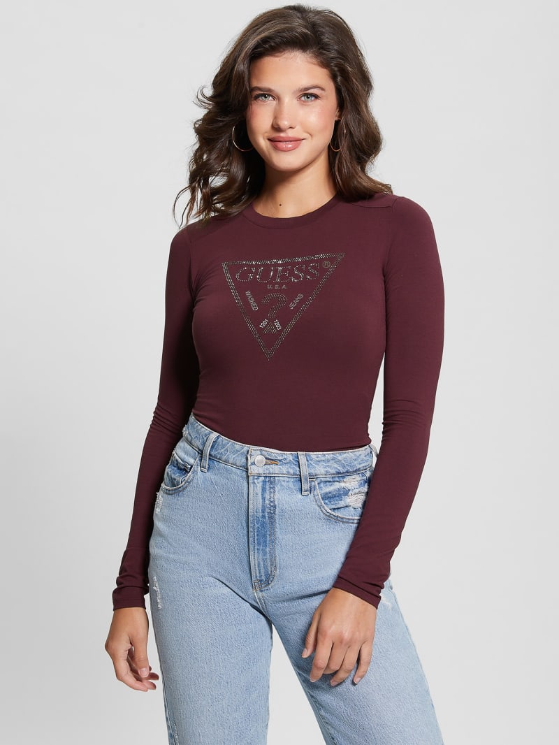 Guess Eco Rhinestone Triangle Long-Sleeve Bodysuit - Mystic Wine Guess Eco Rhinestone Triangle Long-Sleeve Bodysuit - Mystic Wine