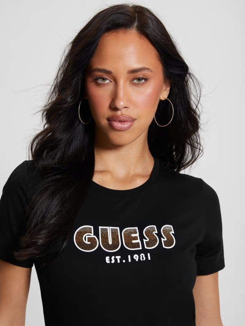 Guess Eco Crewneck Rhinestone Logo Tee - Black Guess Eco Crewneck Rhinestone Logo Tee - Black