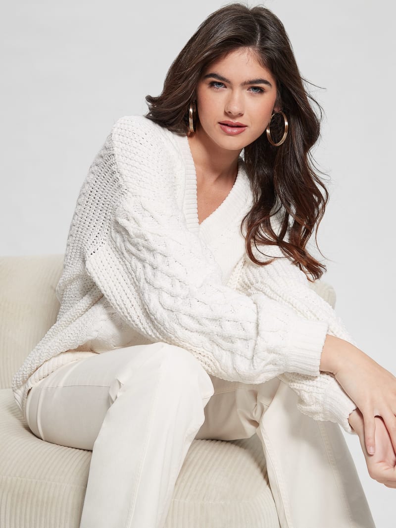 Guess Aki Chenille Cable-Knit Sweater - Dove White Multi Guess Aki Chenille Cable-Knit Sweater - Dove White Multi