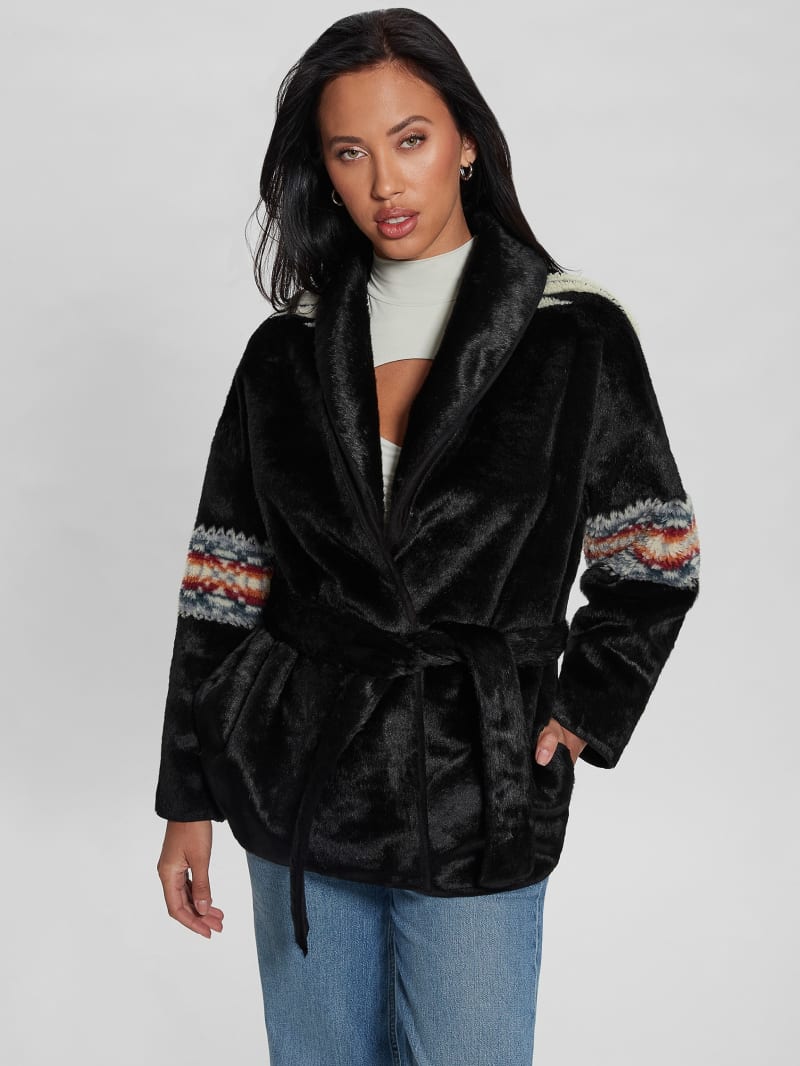 Guess Carlotta Faux-Fur Wrap Jacket - Black Guess Carlotta Faux-Fur Wrap Jacket - Black