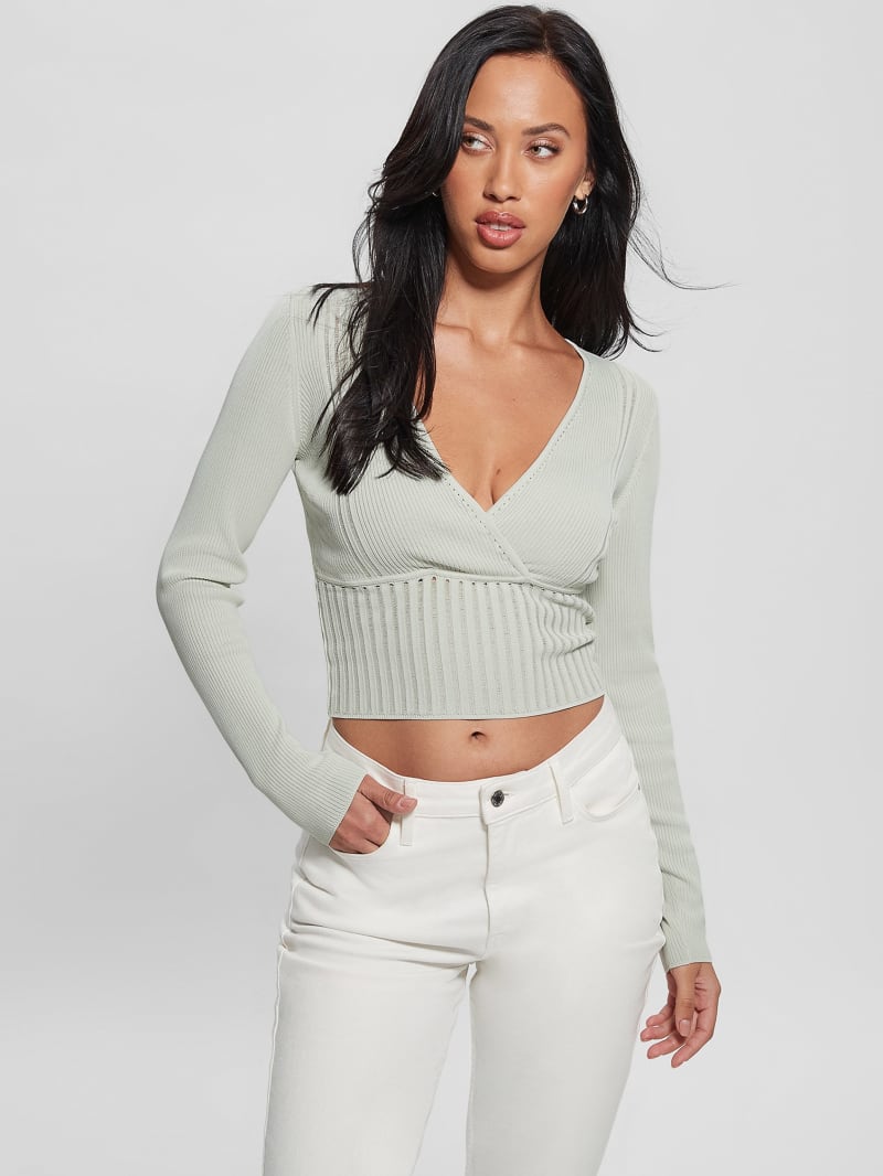 Guess Surplice Soft Bandage Sweater Top - Tweener Green Guess Surplice Soft Bandage Sweater Top - Tweener Green
