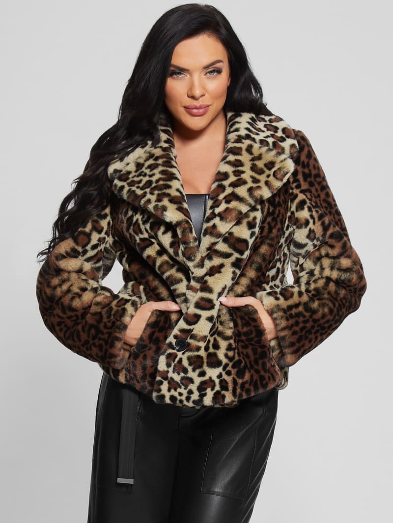 Guess Denise Leopard Coat - Natural Leo Combo Guess Denise Leopard Coat - Natural Leo Combo