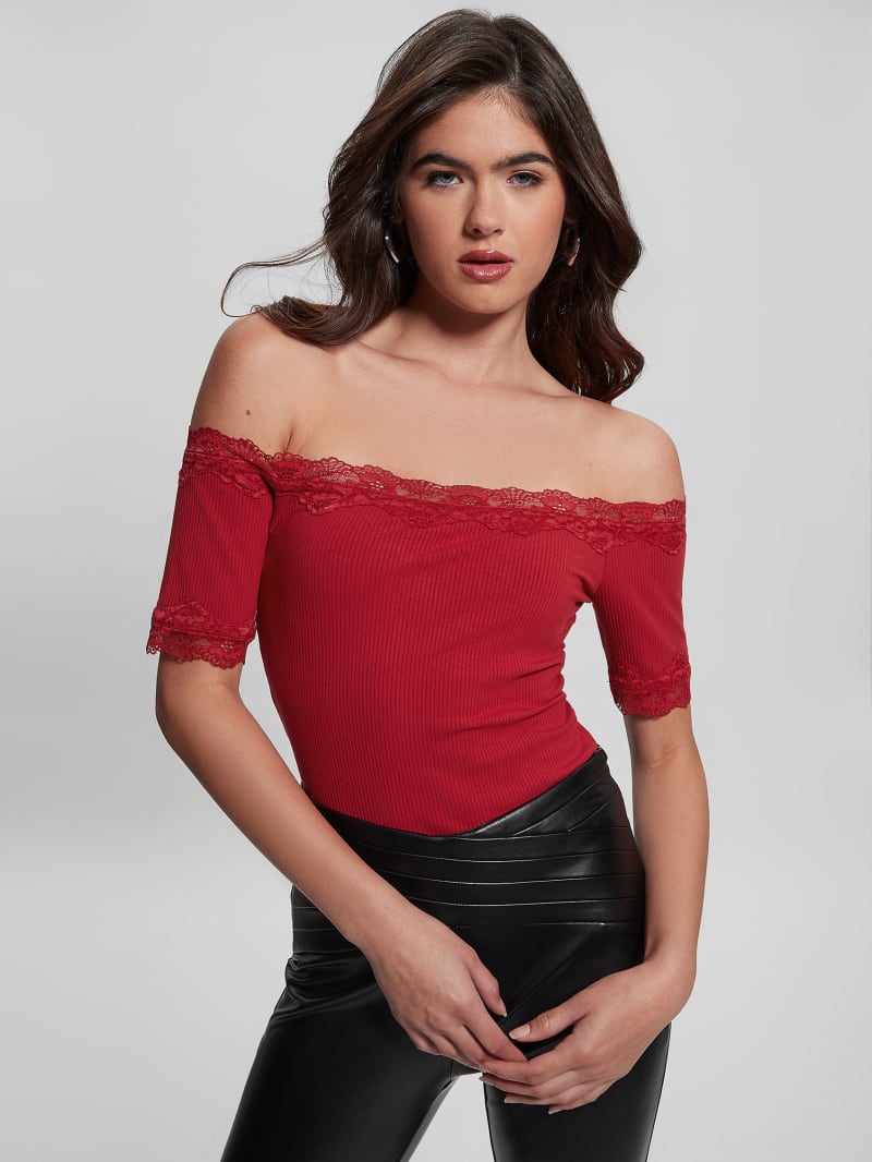 Guess Mei Lace Off-the-Shoulder Top - Chili Red Guess Mei Lace Off-the-Shoulder Top - Chili Red