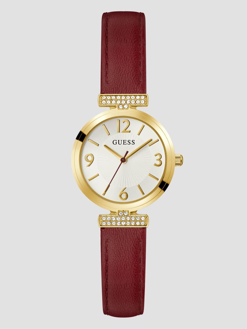 Guess Gold-Tone and Red Leather Analog Watch - Burgundy Guess Gold-Tone and Red Leather Analog Watch - Burgundy