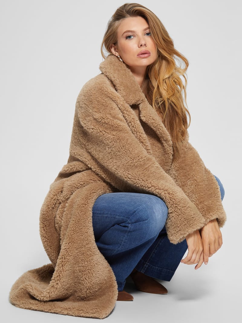Guess Eco Alina Teddy Longline Coat - Wet Sand Guess Eco Alina Teddy Longline Coat - Wet Sand