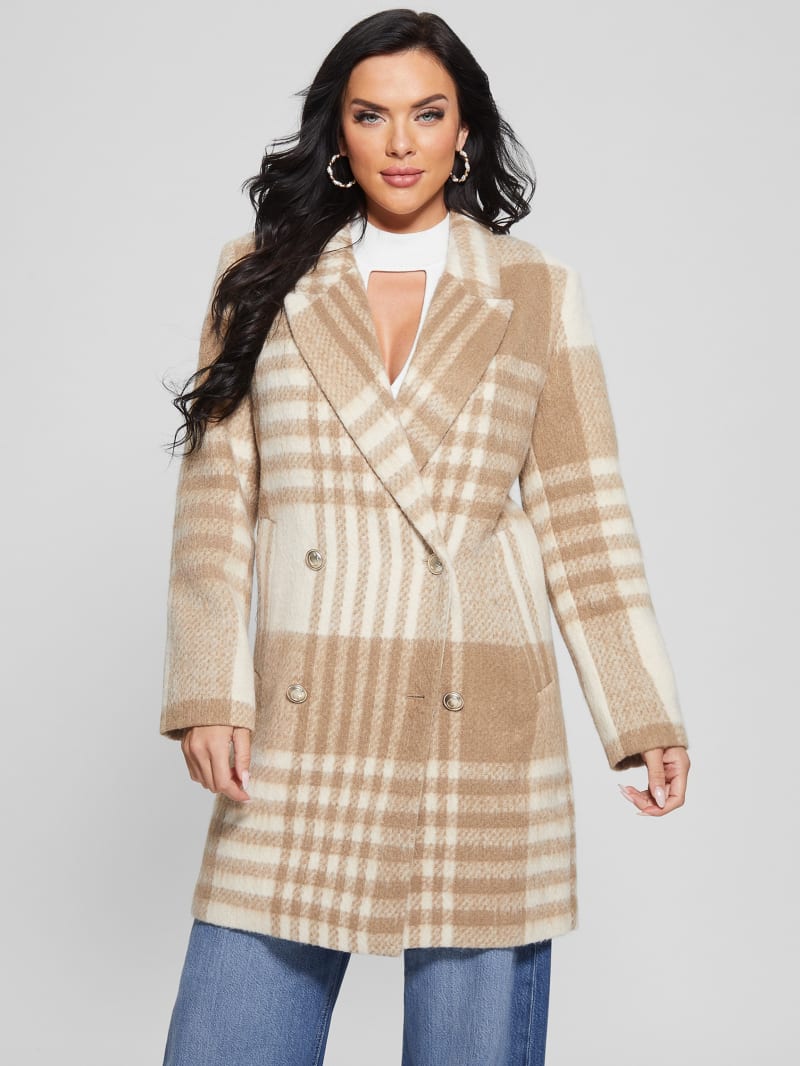 Guess Ramona Plaid Coat - Camel Check Guess Ramona Plaid Coat - Camel Check