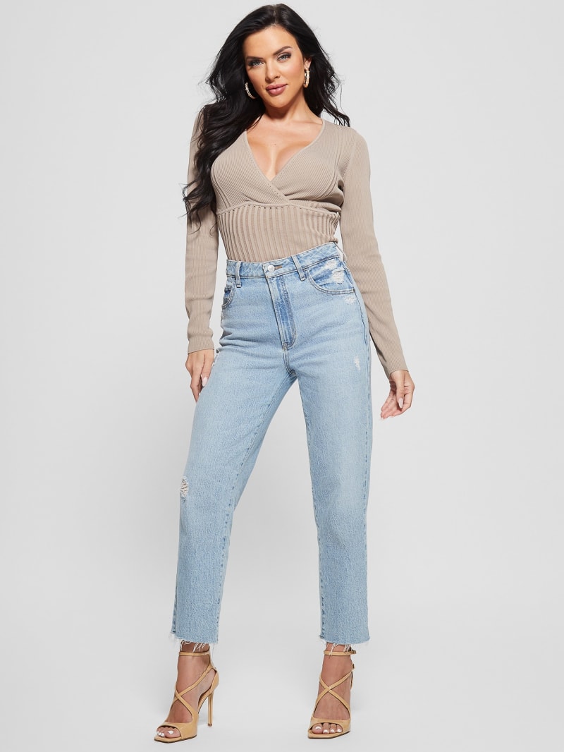 Guess Surplice Soft Bandage Sweater Top - Silk Taupe Guess Surplice Soft Bandage Sweater Top - Silk Taupe