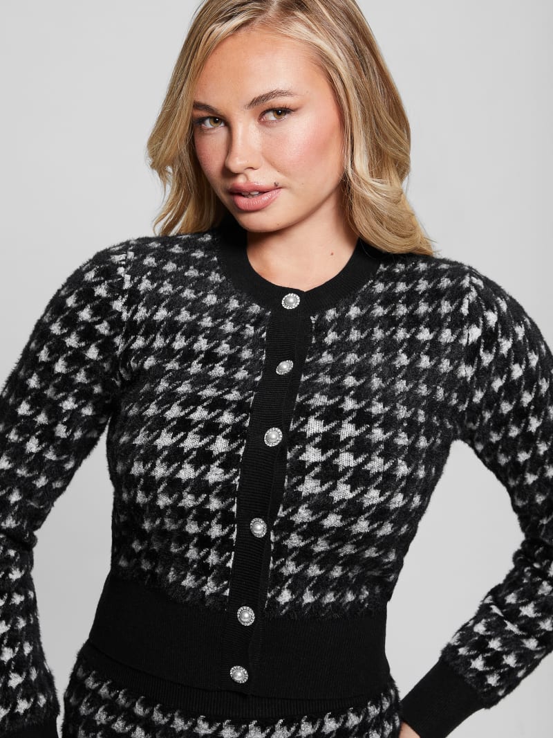 Guess Violet Wool-Blend Cardigan Sweater - White/Black Pied De Poule Guess Violet Wool-Blend Cardigan Sweater - White/Black Pied De Poule