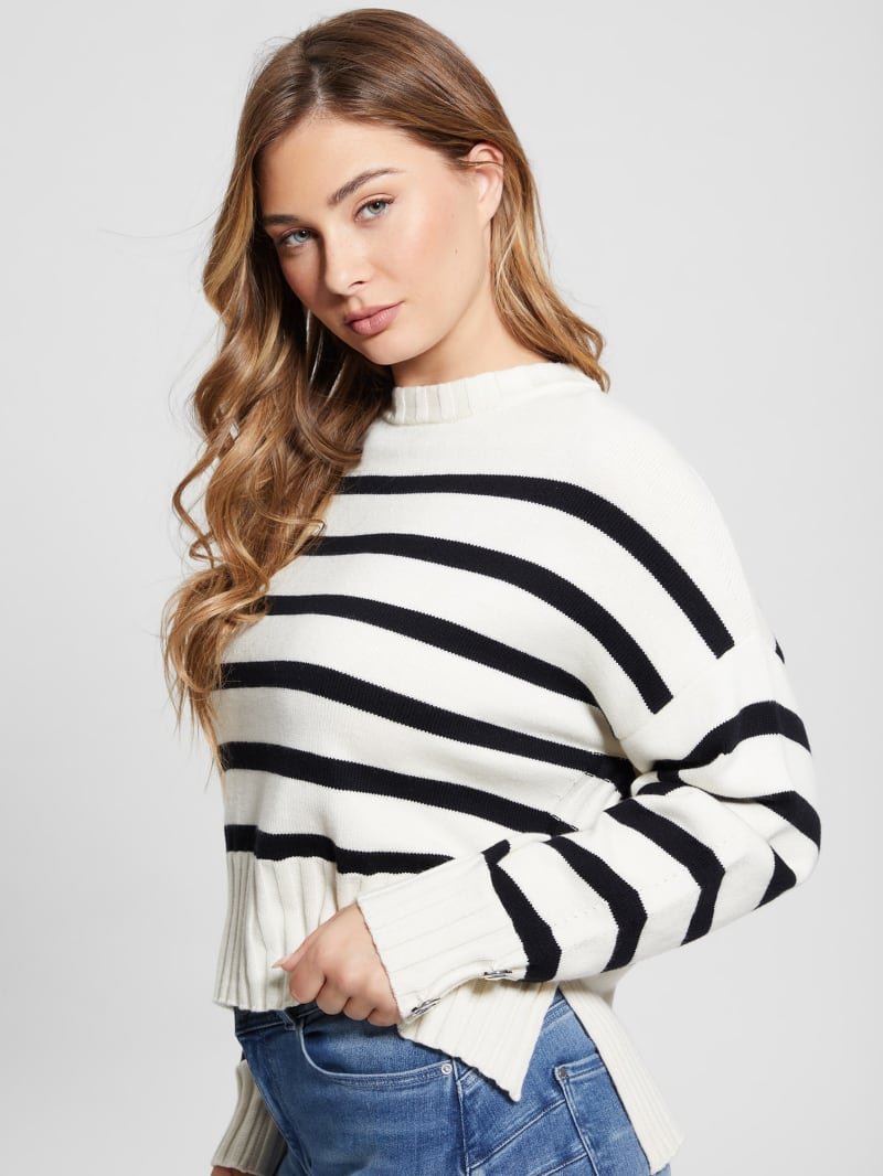 Guess Eco Mirelle Wool-Blend Sweater - White And Black Stripes Guess Eco Mirelle Wool-Blend Sweater - White And Black Stripes