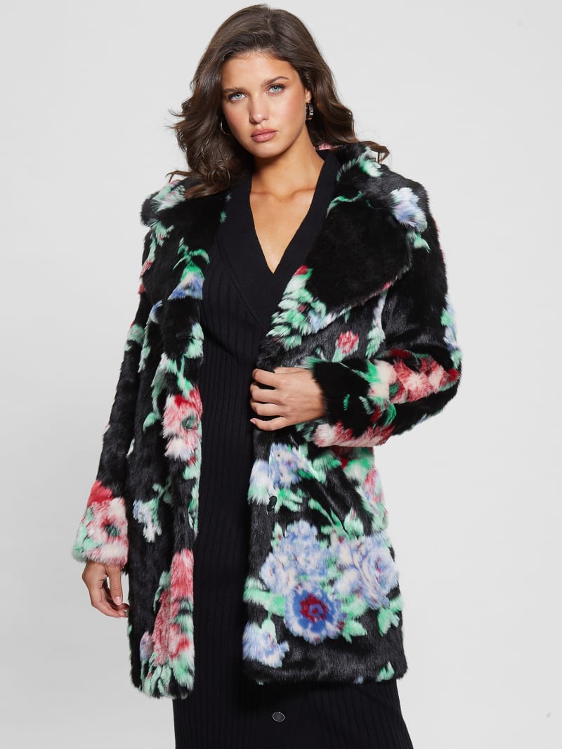 Guess Magda Faux-Fur Coat - Blossom Flower Black Guess Magda Faux-Fur Coat - Blossom Flower Black