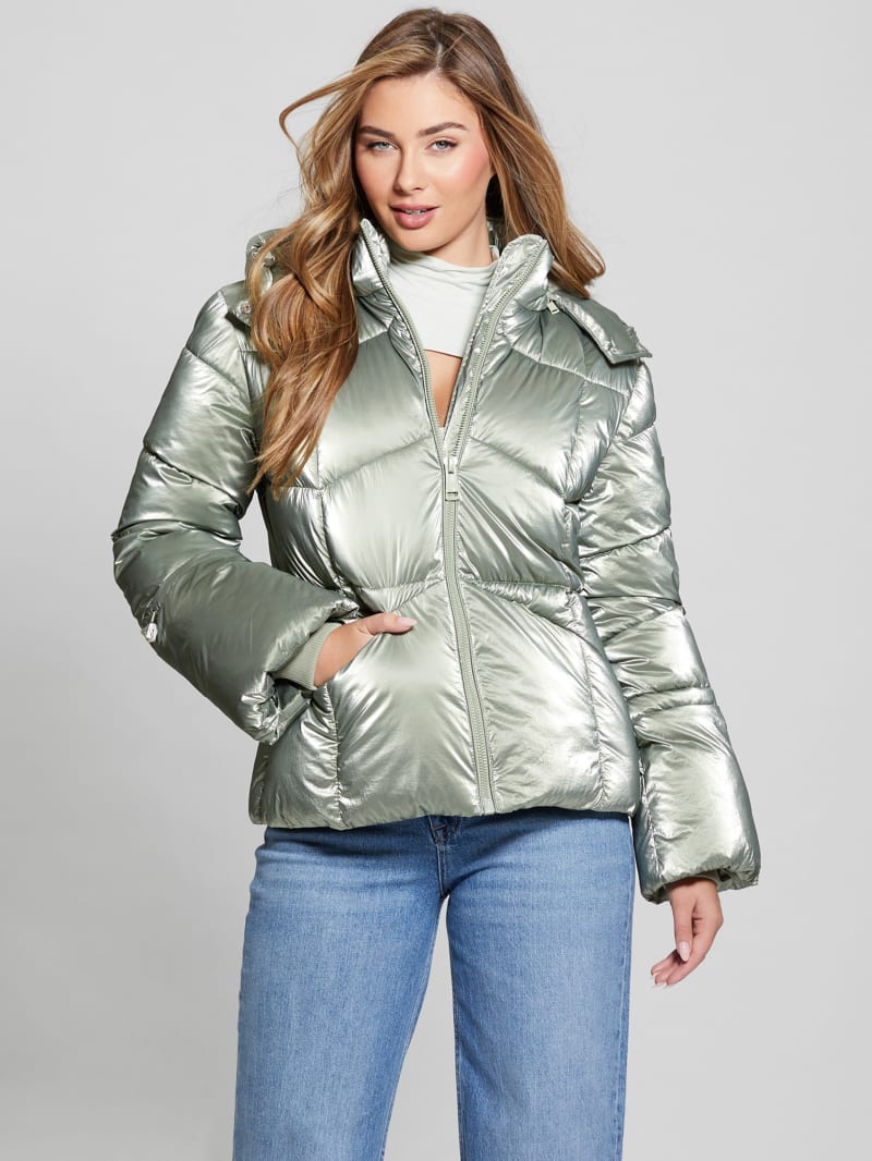 Guess Paloma Nylon Puffer Hooded Jacket - Sage Leaf Multi Guess Paloma Nylon Puffer Hooded Jacket - Sage Leaf Multi