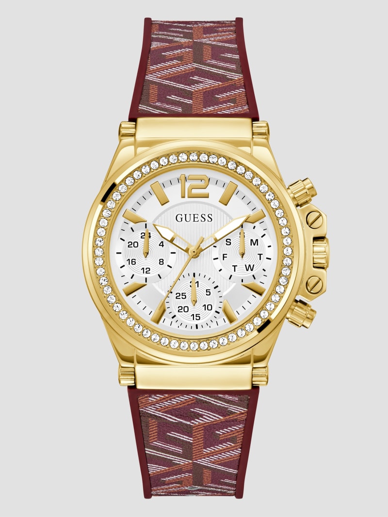 Guess Gold-Tone G-Cube Leather Multifunction Watch - Burgundy Guess Gold-Tone G-Cube Leather Multifunction Watch - Burgundy