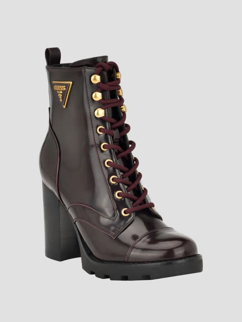 Guess Neadyn Lace-Up Heeled Moto Booties - Medium Red Guess Neadyn Lace-Up Heeled Moto Booties - Medium Red