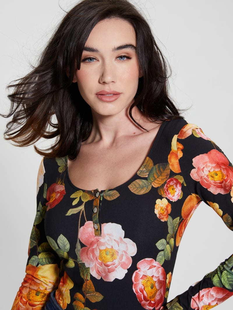 Guess Eco Karla Floral Henley Tee - Peony Charm Print Black Guess Eco Karla Floral Henley Tee - Peony Charm Print Black