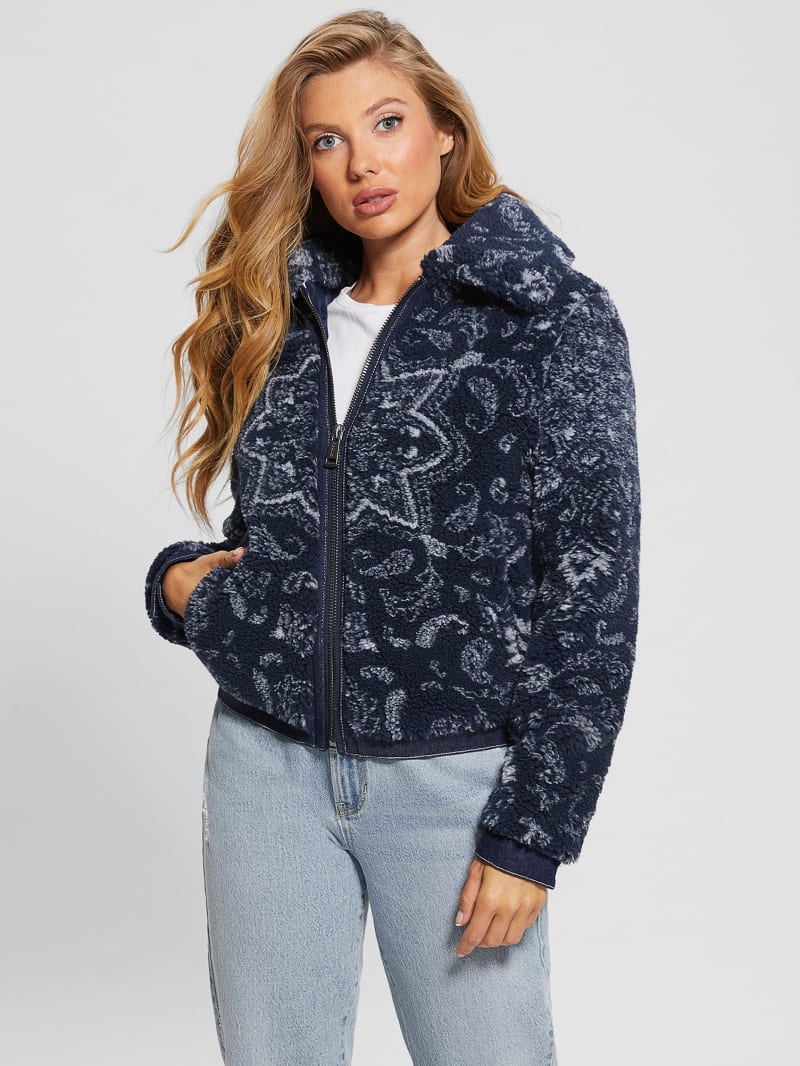 Guess Eco Carmela Printed Sherpa Jacket - Blue Bandana Combo Guess Eco Carmela Printed Sherpa Jacket - Blue Bandana Combo