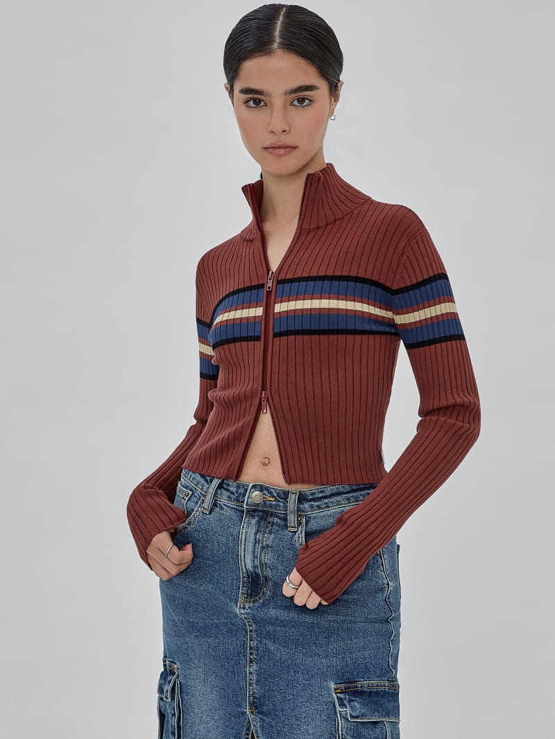 Guess GUESS Originals Eco Stripe Full Zip Sweater - Grape Violet Multi Guess GUESS Originals Eco Stripe Full Zip Sweater - Grape Violet Multi